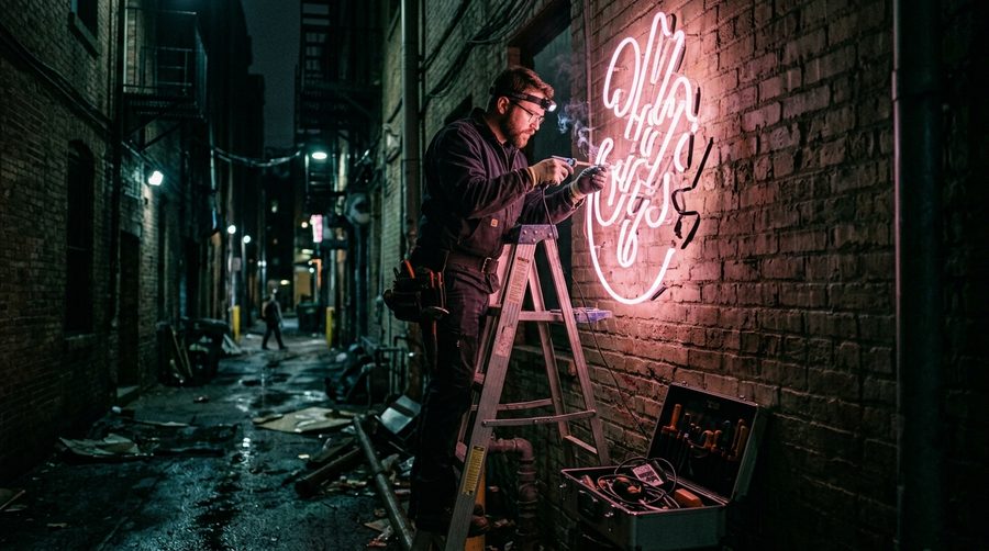 Teknisi di atas tangga memperbaiki tabung neon besar yang redup di lorong gelap pada malam hari